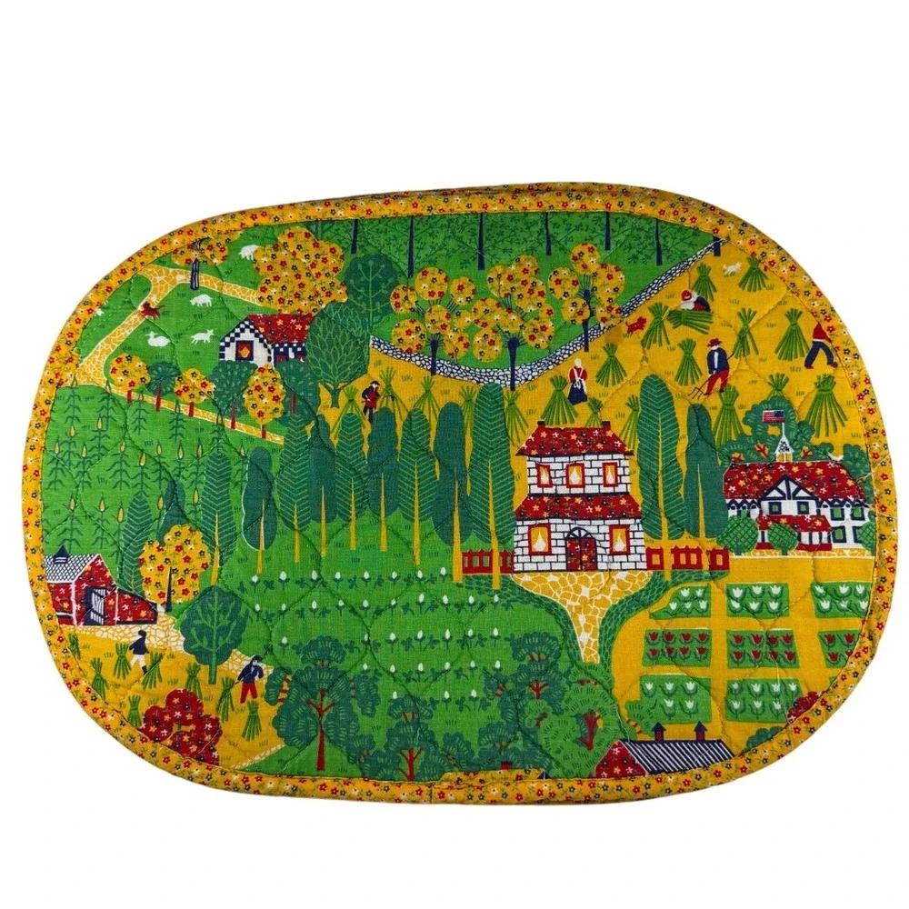 Farm Folk Art Quilted Placemats Green Yellow‎ Set of 4 Cottagecore Farmer Calico
